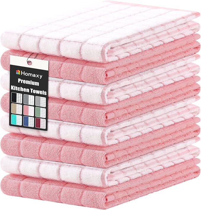 Homaxy Large Premium Cotton Kitchen Towels 16"x 28", 8 Pack, Pink | Natural Ring Spun 390 GSM Dish Towels, Super Absorbent Terry Kitchen Hand Towels, Soft Tea Towels with Hanging Loop by Homaxy
