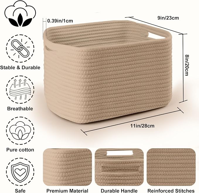4 Pack Storage Baskets for Organizing, 11''Lx9''Wx8''H Woven Baskets for Storage Toys, Towels, Books, and Clothes, Cotton Rope Basket for Shelves with Handle - Image 2