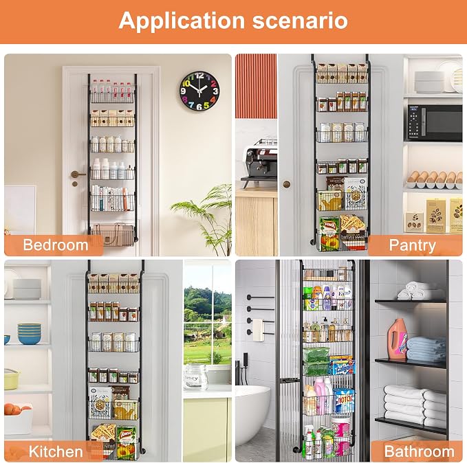 VECELO Kitchen Over the Door Organizer, 6-Tier Pantry Door Organizers and Storage, Metal Sturdy Over the Door Pantry Organizer, Easy Installation Over the Door Storage Spice Rack Shelves, Black - Image 4