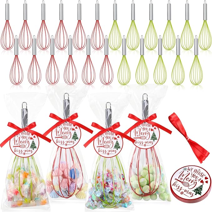 FoldTier 72 Sets 12 Inch Christmas Whisks Gifts DIY Fillable Christmas Tree Ornaments Xmas Colored Silicone Whisks for Cooking Heat Resistant Egg Beaters with Card Rope Bag for Candy Holder by FoldTier
