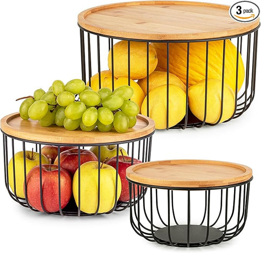 Fruit Basket for Kitchen Counter Set of 3 - Large Stackable Baskets with Bamboo Lid - Fruit Bowl, Perfect Holder For Fruits and Vegetable Storage -Keep Your Countertop Classy, Tidy and Slightly Fruity by Unknown