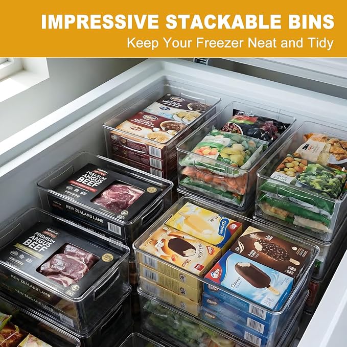 Hudgan 8 Pack Freezer Organizer Bins,Stackable,Clear Bins for Fridge,Pantry | Straight Side, 3 Sizes, 2 XL Storage Container, 3 Large Cabinet Organizer, 3 Medium Storage Drawer - Image 2