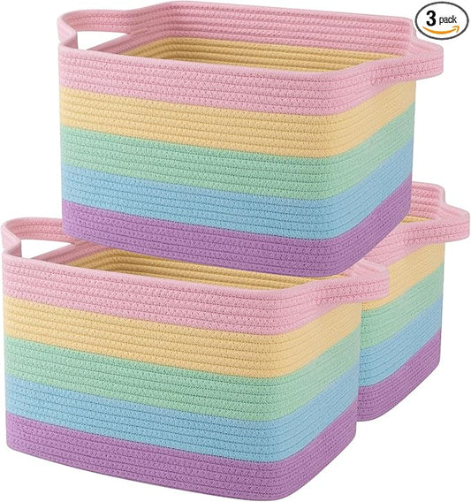 OIAHOMY Storage Basket, Woven Baskets for Storage, Cotton Rope Basket for toys,Towel Baskets for Bathroom - Pack of 3, Rainbow Pastel by MasterofSpaceOptimization