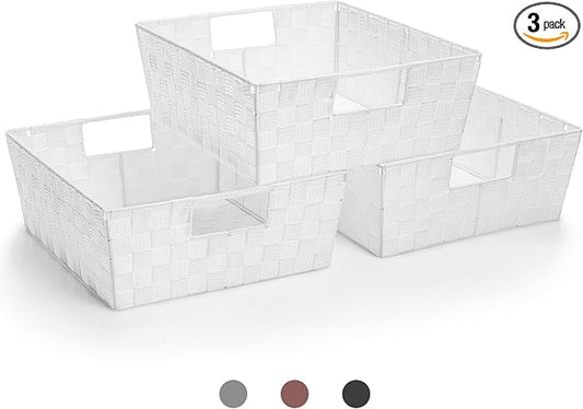 Sorbus Set of 3 Large Woven Storage Baskets – Mesh Hand-Woven Baskets for Organizing, Fabric Storage Bins for Linen Closet Organizer, Storage Baskets for Shelves and Home Organization (White) by Sorbus