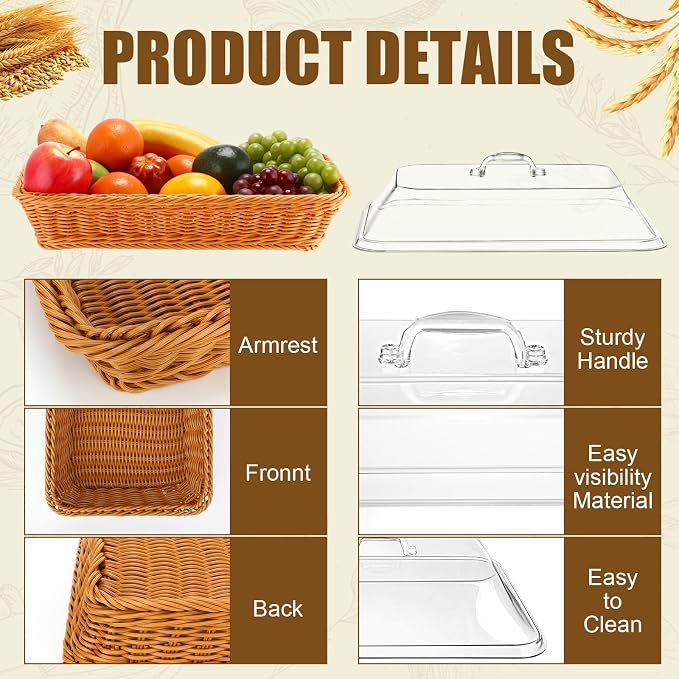 Mumufy 2 Packs Bread Baskets for Serving with Lid 15.75x11.81x2.95'' Imitation Rattan Fruit Storage Basket, and 50 Pcs Food Blotting Sheets for Baker Gift, Kitchen Counter Organization, Bread Display - Image 4