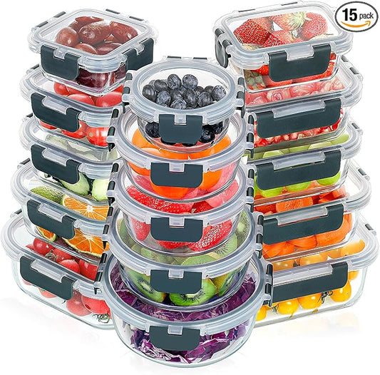 VERONES 30 Pieces Glass Food Storage Containers Set with Lids, Grey | Stackable Glass Meal Prep Containers Set with Lids, Airtight Lunch Containers, for Microwave, Oven, Freezer & Dishwasher by VERONES
