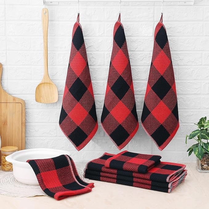 Homaxy Kitchen Towels and Dishcloths Set, Set of 12, Black & Red | Bulk Cotton Waffle Weave Check Plaid Kitchen Towels, Super Soft and Absorbent Dish Cloths, 12 x 12 and 13 x 28 Inches - Image 2