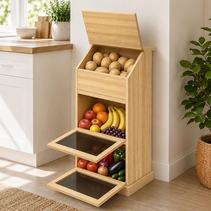 Potato and Onion Storage Bin with Lid, 3-Tier Vegetable Storage, Wooden Rustic Bread Box Cabinet for Fruit and Vegetable, Food Storage Containers Cabinet for Kitchen Pantry (Oak) by Unknown