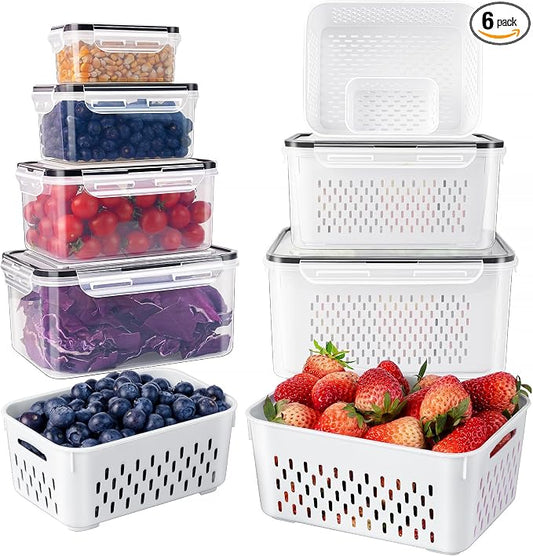 Fruit Storage Containers for Fridge with Removable Colander 6 pcs | Airtight Food Storage Container Dishwasher Safe Produce Saver for Refrigerator Keep Berry Fruit Fresh Longer Large Clear by Freshmage