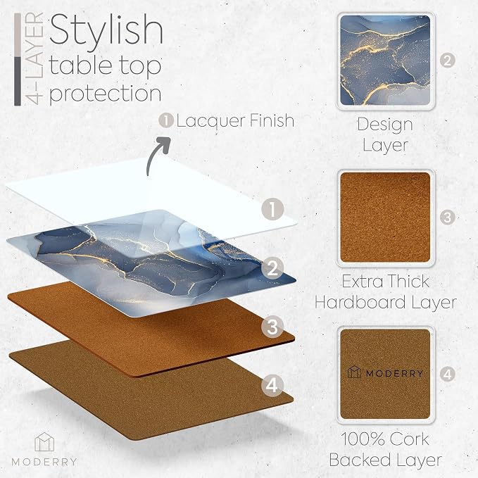 Set of 4 Heat Resistant Cork Placemats for Dining Table with Free Set of 4 Matching Drink Coasters Marble Design 16 x 12 Inches Cork Backed Hard Placemats (Blue & Gold) - Image 3