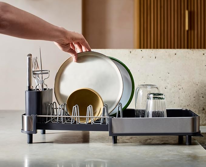 Joseph Joseph Extend Slim Steel Expandable Dish Drying Rack with Removable Cutlery Holder and Swivel Draining Spout, Compact Design, Grey - Image 6