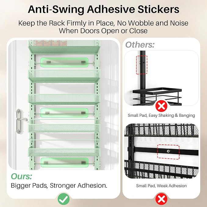 SNTD 8 Tiers Over the Door Organizer, 17" W x 6" D x 69" H, Green | Pantry Door Organizers and Storage, Height Adjustable Spice Rack, Dense Mesh Baskets, Anti-Swing, Adjustable Door Fastener - Image 6