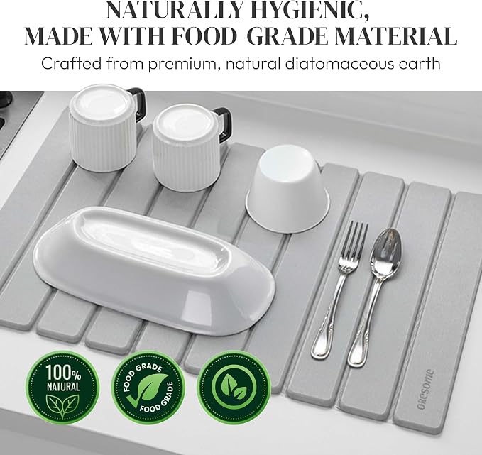 Foldable Kitchen Drying Stone, Stone Drying Mat for Kitchen Sink, 24" x 16" | Quick Moisture Absorption, Premium Diatomaceous Earth, Non-Slip Base, Under Dish Rack or Direct Drying, Sanding Tool Included - Image 3