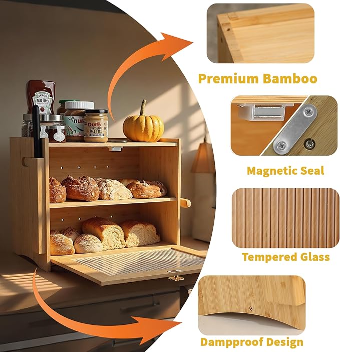 Large Bamboo Bread Box With Tempered Glass Door, Double Layer, Maple Leaf | Double Layer Storage, Countertop Organizer, Bamboo Material, Tempered Glass Door, Large Capacity - Image 7