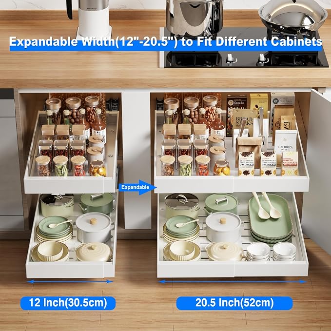 MUSTORN 2 Pack Pull Out Cabinet Organizer Expandable, 21"Deep Slide Out Drawer for Cabinets Adhesive Pull Out Drawers Heavy Duty Pull Out Shelves for Kitchen, Cupboard, Pantry, Bathroom(White) - Image 3