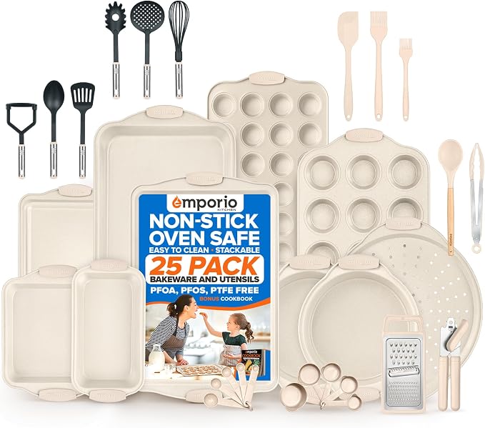 Emporio Kitchen Baking Pan Set - Nonstick Coating, Carbon Steel Bakeware Set with White Silicone Handle, PFOA, PFOS, PTFE Free, Recipe Booklet Included, Oven Safe Tray (Up To 450° F) Set of 25 - White by Unknown