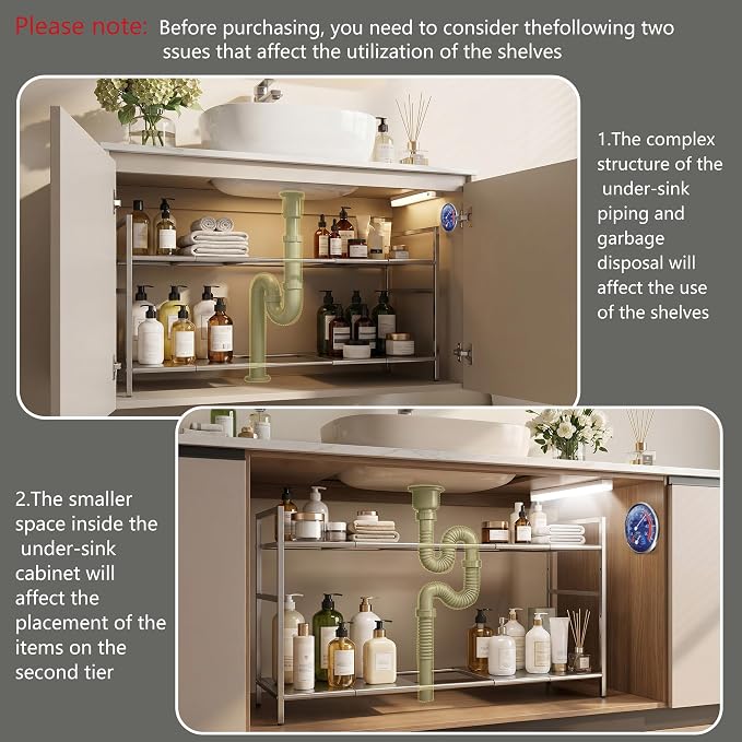 Under-Sink Organizer 2-Tier Expandable Cabinet Storage (10 panels) | LED Motion-Sensing Auxiliary Lighting Dial Thermometer Stainless Steel Telescopic & Adjustable Rust-Resistant - Image 7