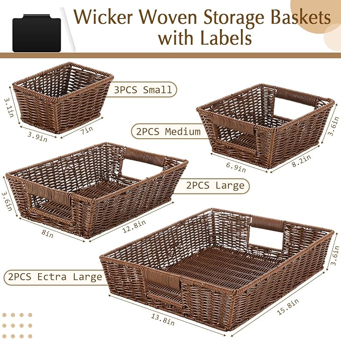 Marsui 9 Pcs Wicker Storage Baskets for Pantry Organization with Handle Labels Handwoven Multi-size Dark Brown Small Organizer Baskets Storage Bin Container for Shelves Closet Toilet Christmas Holiday - Image 2