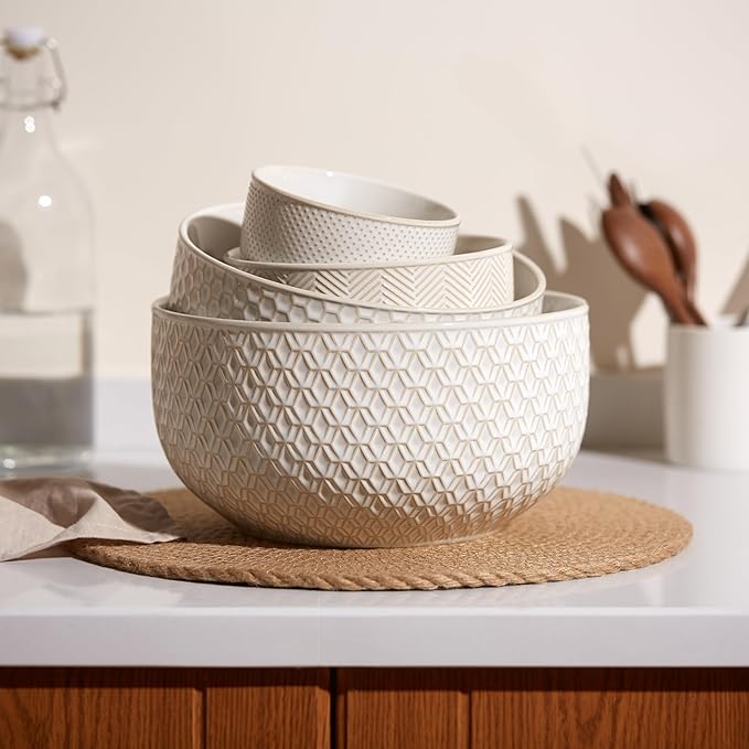 KooK Ceramic Mixing Bowls, Nesting Set of 4, Embossed Kitchen Dishware, Prep, Serving, Gift, Microwave and Dishwasher Safe, 20/44/98/145 oz, Narbonne Collection (Ivory) - Image 2