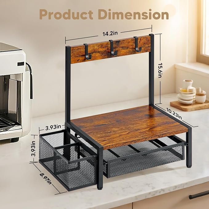 DGWJSU Tea Bag Organizer, Wood Tea Organizer and Storage Cheast, Tea Bag Holder with Storage Drawer, 4 Hooks for Tea Cups Holder, Tea Station Chest Display Container Box for Countertop Kitchen - Image 3