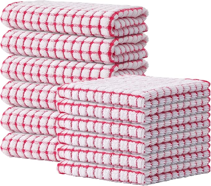 Kitinjoy Cotton 12 Pack Kitchen Towels and Dishcloths Sets, Red | 16 x 25 Inch & 12 X 12 Inch Dish Towels Bulk, Super Soft and Absorbent hand towels for kitchen Drying by Kitinjoy