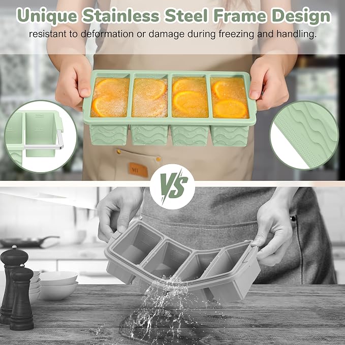 Silicone Freezer Trays with Lid (4-Pack), 1-Cup, 2-Cup, 1/2-Cup & 2-Tbsp Silicone Freezer Molds, Stackable Soup Freezer Meal Prep Containers,Ice Cube Tray for Making Sauce,Smoothies,Yogurt Bites - Image 3