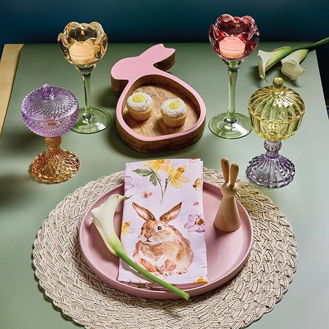 47th & Main Set of 4 100% Cotton Cloth Table Napkins for Dining, 18" Square, Brown Bunnies with Yellow Flowers - Image 2