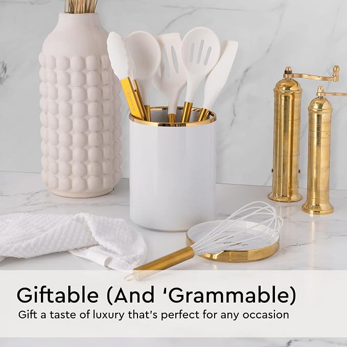 Gold Kitchen Utensils Set – 6 PC White Silicone and Gold Cooking Utensils with Spatula, Whisk, Tongs, Spoons, Cooking Tools for Nonstick Cookware – Luxury Kitchen Accessories for Home Chefs | White Silicone and Gold Cooking Utensils with Spatula, Whisk... - Image 2