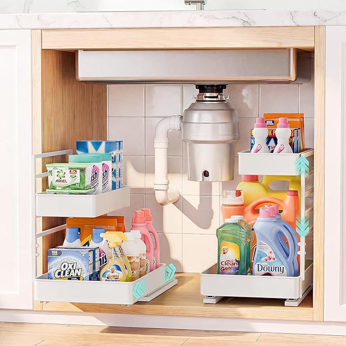 EVERIE Height Adjustable 2 Tier Metal Pull Out Slide Shelf Organizer for Framed or Frameless Under Sink Cabinets in Kitchen, Bathroom, with Snap-on Top Tray (White, 2 Sets) by EVERIE