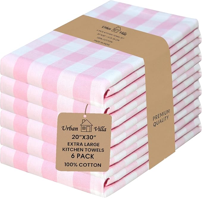 Urban Villa Kitchen Towels Cotton Dish Towels 20”x30” (Set of 6) Pink Wht by CottonTrends