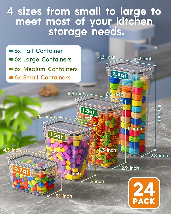 Airtight Food Storage Containers with Lids, 24 PCS Kitchen and Pantry Organization Canisters, BPA-Free, PVC-Free, Food-grade Plastic Leak-proof Jars for Cereal, Flour, Sugar, Extra 24 Labels & Marker - Image 2