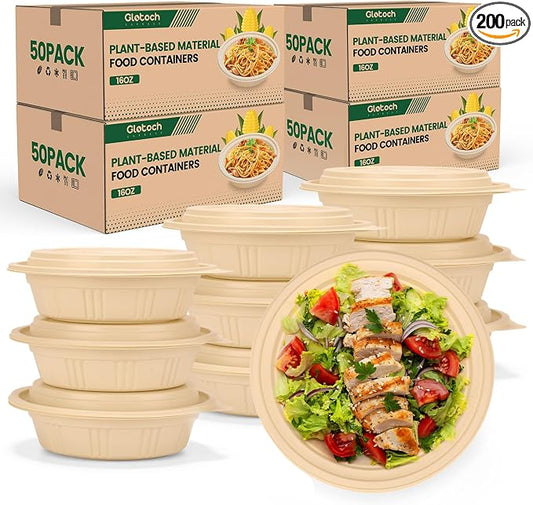 Glotoch Express 16 oz-200 Pack Meal Prep Bowl Containers with Lids,Cornstarch Round Food Containers for Lunch Salad Deli Soup, BPA Free Plant-based Take Out Containers by GlotochExpress