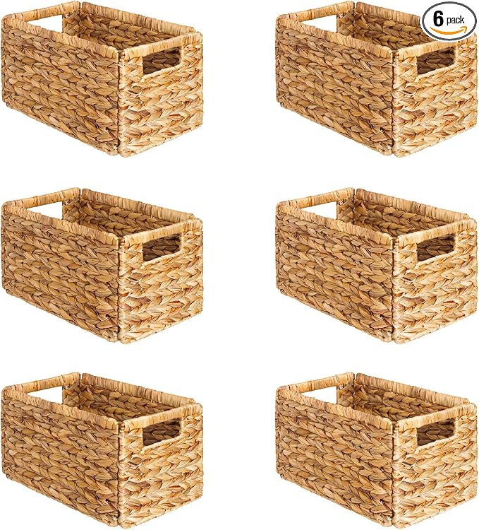 SpaceAid 6 Pack Wicker Basket, Storage Baskets for Organizing, Woven Rattan Basket with Handles for Shelves, Water Hyacinth Large Cube Organizer Storage Bin, 13x8.2x7 inch, Natural by SpaceAid