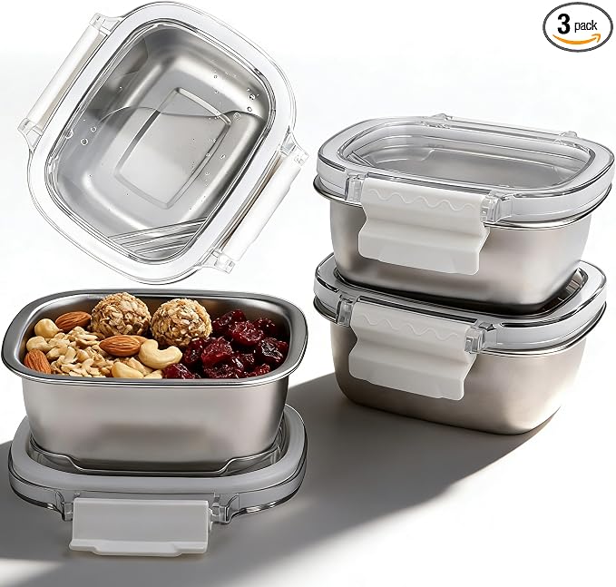 3 Pack Stainless Steel Reusable Snack Containers with Lids - 8.45 oz Small Metal Snack & Lunch Food Boxes, Shatterproof Leakproof Freezer Safe Meal Prep Containers for Portioning Snacks, Dips by Unknown