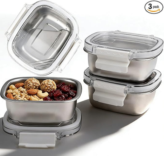 3 Pack Stainless Steel Reusable Snack Containers with Lids - 8.45 oz Small Metal Snack & Lunch Food Boxes, Shatterproof Leakproof Freezer Safe Meal Prep Containers for Portioning Snacks, Dips by Unknown