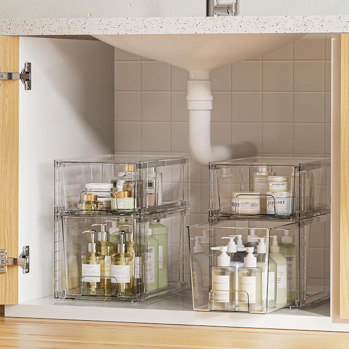 Vtopmart 6 Pack Clear Stackable Storage Drawers,Easy to Assemble Bathroom Organizers and Storage with handles,Plastic Drawers for Kitchen Pantry,Cabinet,Under Sink Organization - Image 4