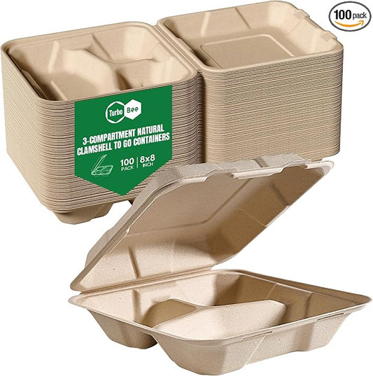 Turbo Bee 100 Pack 8x8inch Natural 3 Compartment Take Out Containers with Lids, Disposable Clamshell Meal Prep Containers, Divided Food Boxes for Food Truck, BBQ, Catering & Lunch by TurboBee