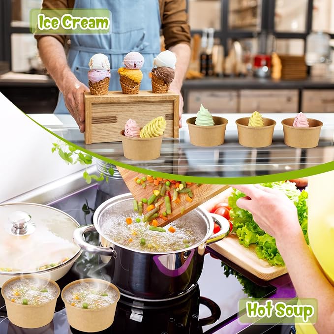 Fulmoon 100 Pack Paper Soup Containers with Lids Disposable Paper Food Containers with Vented Lid Kraft Ice Cream Cake Dessert Cups Soup Bowl for Party Hot Food Fruit Microwave(6 oz,Brown) - Image 6
