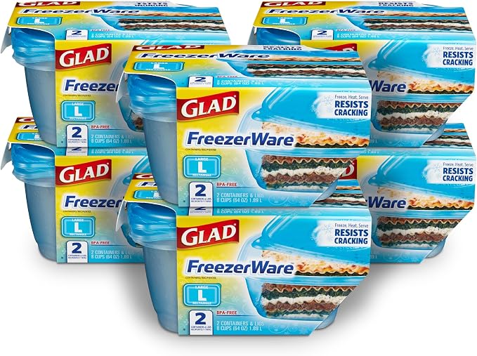 Glad GladWare FreezerWare Food Storage Containers with Lids, Large Rectangle No BPA Plastic for Freezing Soups Meals and Batch Cooking, Crack Resistant, Microwave Dishwasher Safe, 64 Oz, 2 Ct - 6 Pk | Crack-resistant, large rectangle containers for fre... by GladTrashFoodStorage
