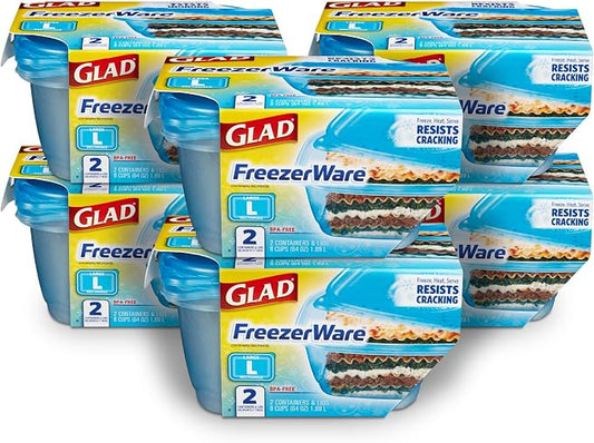 Glad GladWare FreezerWare Food Storage Containers with Lids, Large Rectangle No BPA Plastic for Freezing Soups Meals and Batch Cooking, Crack Resistant, Microwave Dishwasher Safe, 64 Oz, 2 Ct - 6 Pk | Crack-resistant, large rectangle containers for fre... by GladTrashFoodStorage