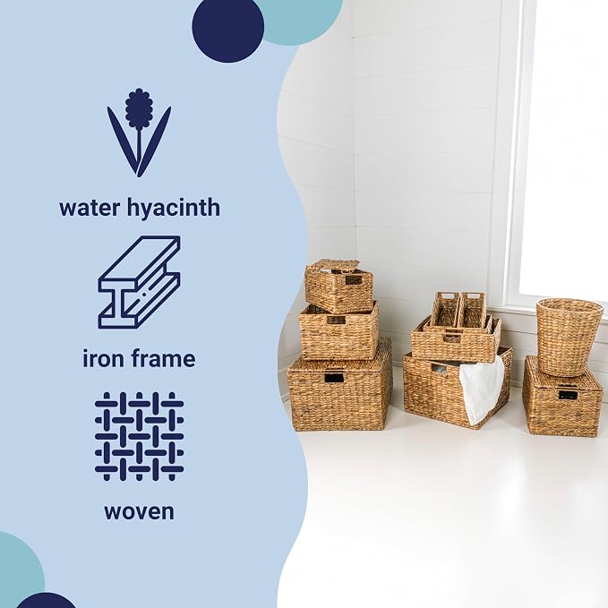 happimess Traditional 10-Piece Hyacinth Wicker Baskets, Natural | Hand-Woven Iron Frame Storage, Lidded Trunk, Trash Bin, Southwestern Style, Living Room Bedroom Decor - Image 5