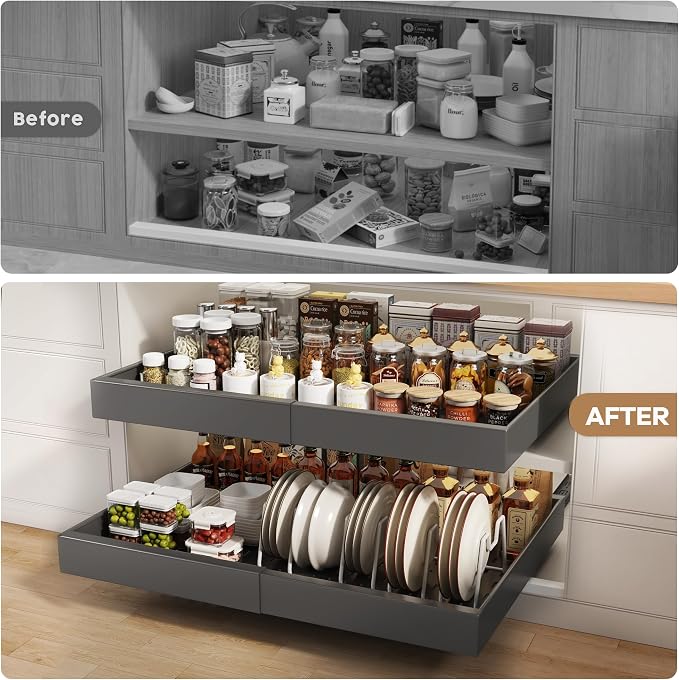 Seinloes 4 Pack Pull out Cabinet Organizer 21" Deep With Raising Pad for Framed Cabinets,Expandable (15.2"-26.3"W) Slide out Drawers for Kitchen Cabinets with 4pcs Divider Racks,Roll out Shelves,Black - Image 5