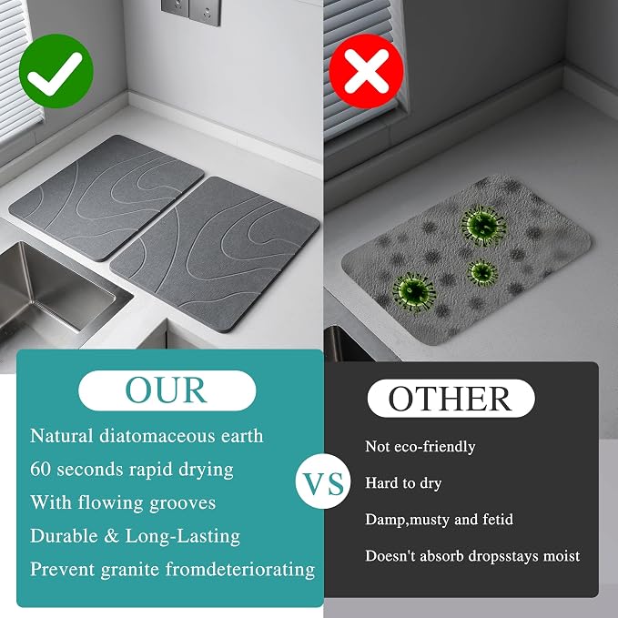 2 Pack Stone Drying Mat for Kitchen Counter, (Gray, 16''x12'') | Quick Dish Drying Stone Mat Kitchen,Stone Dish Drying Mat,Quick-Dry Absorbent Bath & Countertop Stone Dishes Mats - Image 5