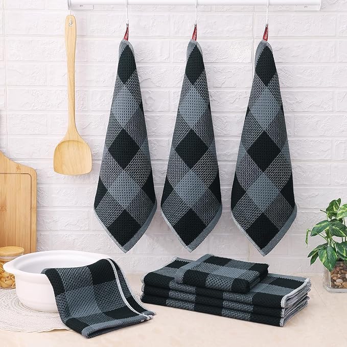 Homaxy Kitchen Towels and Dishcloths Set, Set of 10, Black & Grey | Bulk Cotton Waffle Weave Check Plaid Kitchen Towels, Super Soft and Absorbent Dish Cloths, 12 x 12 and 13 x 28 Inches - Image 6