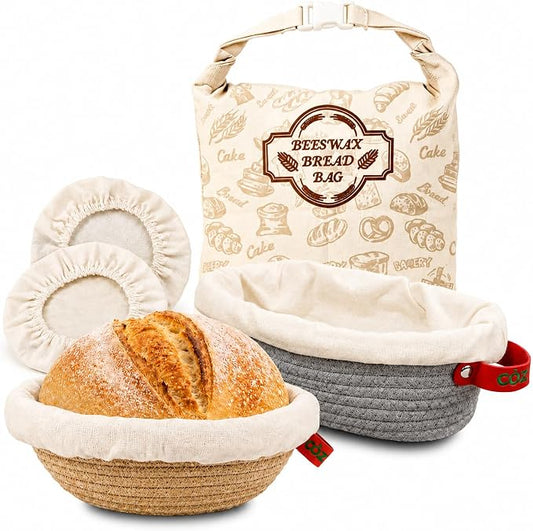 Cotton Rope Banneton Bread Proofing Basket with Beeswax Bag Set | 9''Round & 10''Oval, Washable Liners & Covers, for Artisan Bread Baking, for Sourdough Proofing, for Baking Gifts by Weknowsyourcookinggame