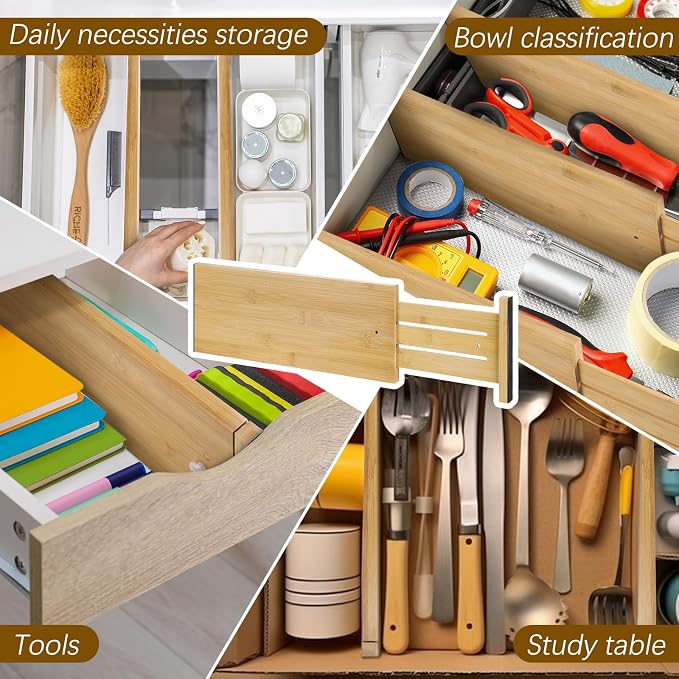 DoubleFill 8 Pcs Deep Bamboo Drawer Dividers, Deep Kitchen Dresser Drawer Organizer with Spring Loaded for Clothes, Adjustable Expandable from 15-22 Inch (Wood Color,6 Inch) - Image 6