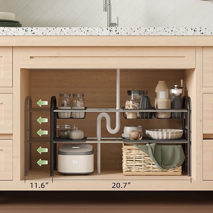Under Sink Organizers and Storage,Expandable under cabinet organizer Shelf | 2 tier expandable shelf for kitchen,bathroom,4 Removable ABS Panels and 4 Baskets,Adjustable partition height,20.7-32.3" W - Image 2