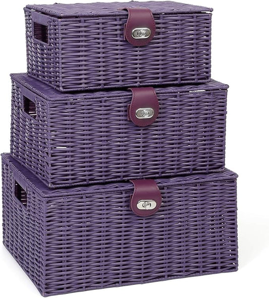 ARPAN Set of 3 Resin Woven Utility Storage Basket Box With Lid & Lock (Purple) by ARPAN