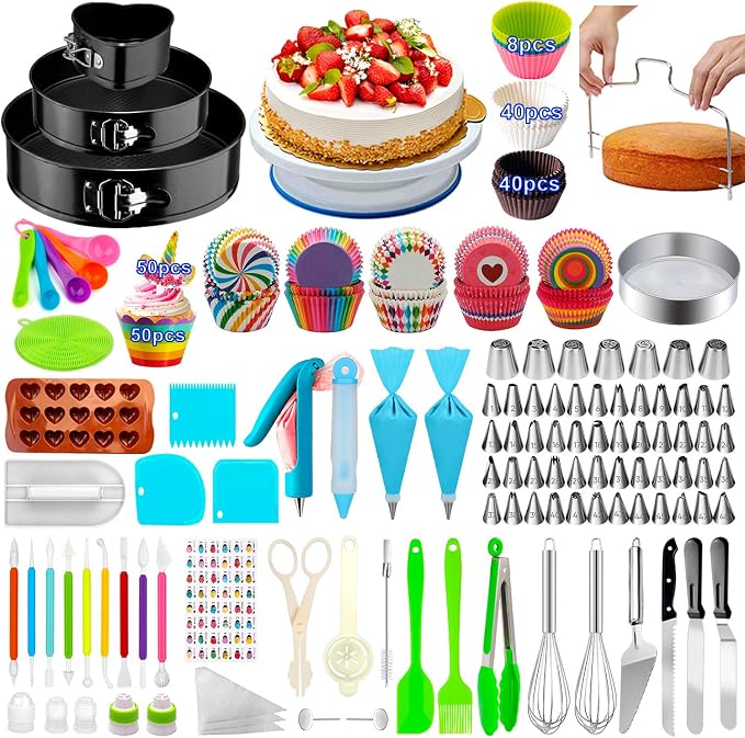 Cake Decorating Supplies, 493 PCS Cake Decorating Kit Cake Pans | 3 Packs Springform Cake Pans, Cake Rotating Turntable,48 Piping Icing Tips,7 Russian Nozzles, Baking Supplies, Multicolor by Taiker