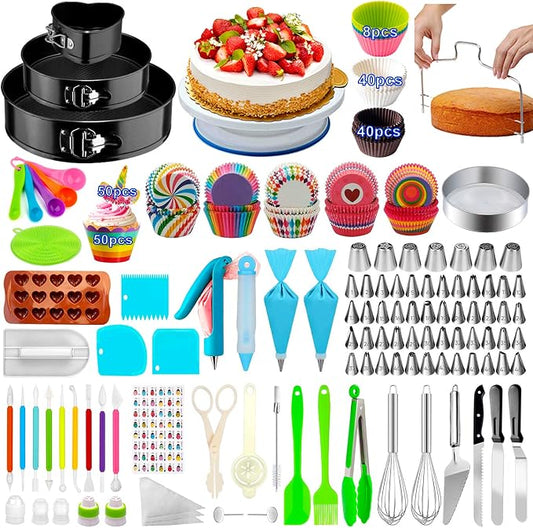 Cake Decorating Supplies, 493 PCS Cake Decorating Kit Cake Pans | 3 Packs Springform Cake Pans, Cake Rotating Turntable,48 Piping Icing Tips,7 Russian Nozzles, Baking Supplies, Multicolor by Taiker